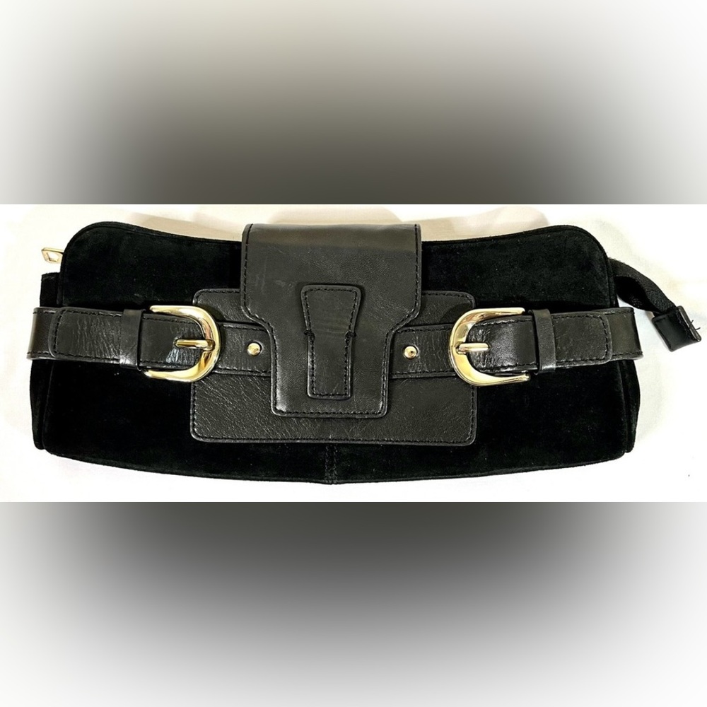 Banana Republic Black Genuine Leather Suede Flap Buckle Zip Clutch Hand Bag NWOT